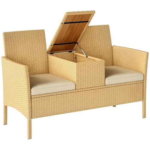 Outsunny Rattan Patio Loveseat with Built-in Flip-Top Coffee Table, Outdoor Wicker Sofa with Hidden Storage and Cushions for Balcony, Garden, Lawn, Backyard, Khaki