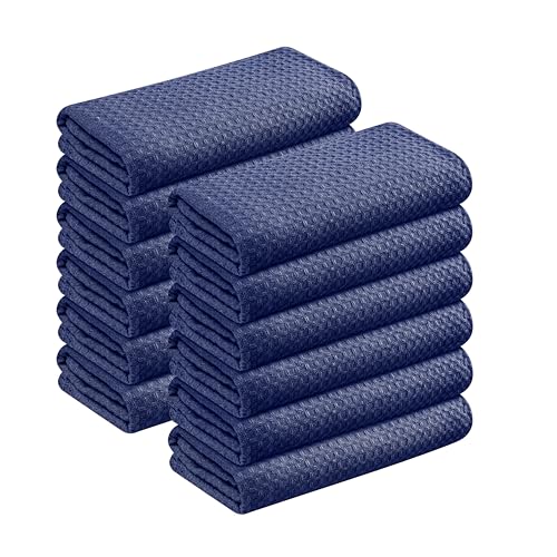 Image of Waffle Weave Dish Towels 12 Pack, 16x26 Inches, Quick Dry Towels for Kitchen, Reusable, Absorbent Wash Cloths Set, Washable Fabric, Heavy Duty for Daily Use - Indigo Blue