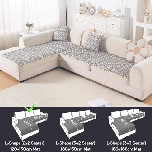 Image of HOKIPO L Shape (2+2 Seater) Sofa Cover Seat Mat | 300 GSM Cotton Acrylic Jacquard Fabric with Tassel, 'Trivana Series' Charcoal Black (IN-934+935-J6)