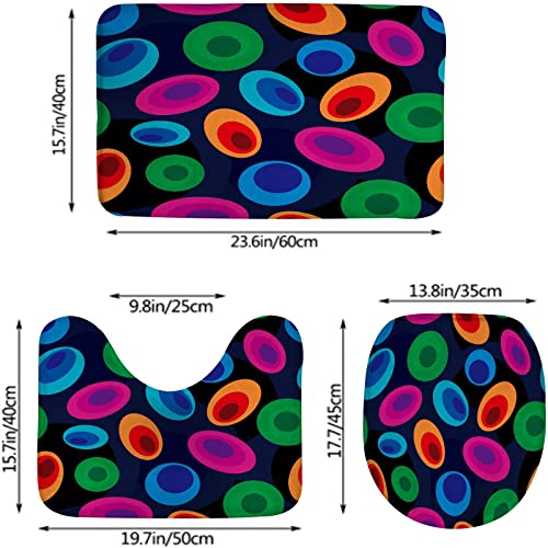 Badezimmerteppich-Set, 3-teilig, Funky-Stil Hintergrund 60er 70er Kreise und Ovale, waschbare Badeteppiche, rutschfest, mit Rückenpolster, Konturteppich und Toilettendeckelbezug – Bild 4