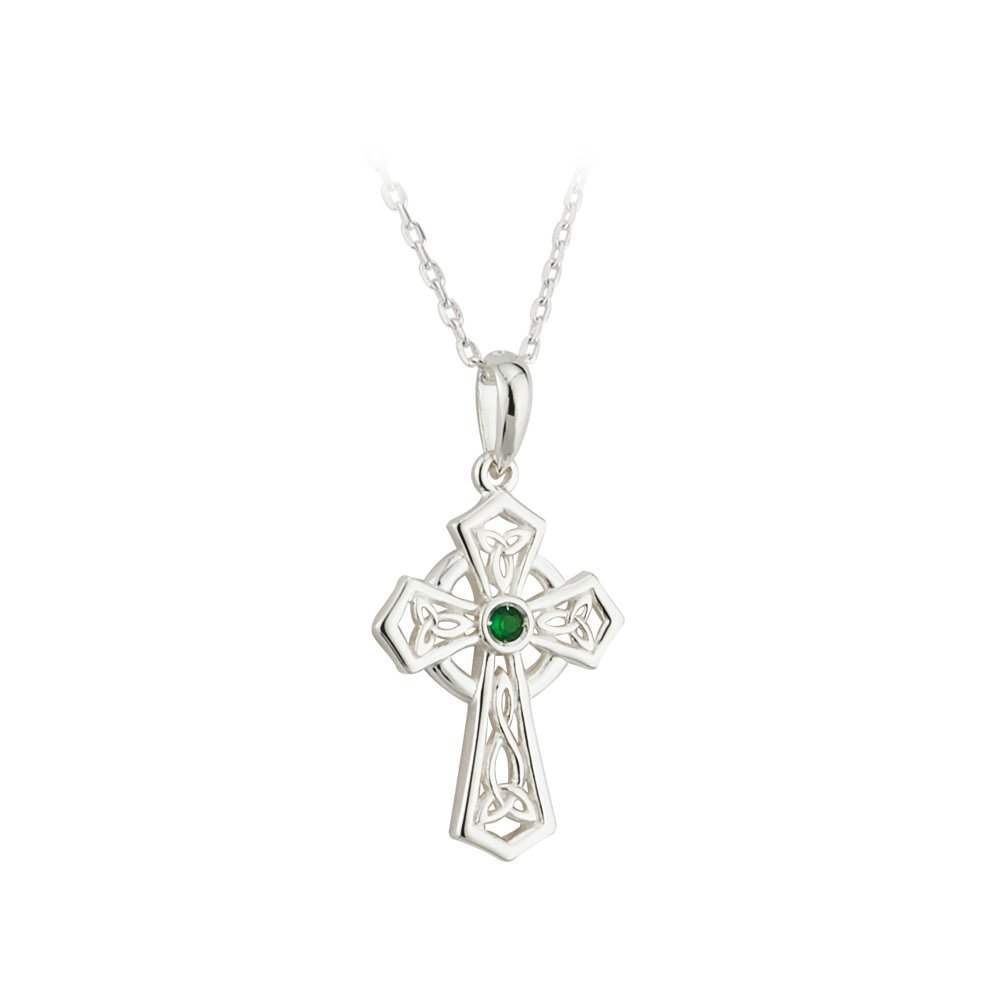 Failte Celtic Cross Necklace Sterling Silver and Green Crystal Made in Ireland
