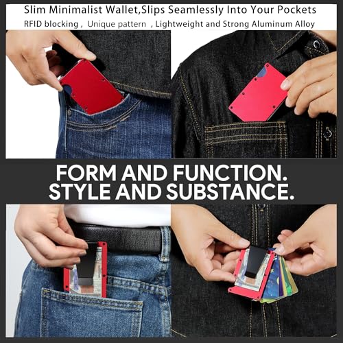 Image of Minimalist Carbon Fiber Wallet for Men, Money Clip Cash Strap Wallet, RFID Blocking Metal Wallet Aluminum Card Holder,Front Pocket Wallet(Matte Red)