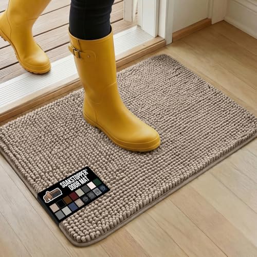 GORILLA GRIP SoakSTOPPER Dog Door Mat, 30x20 Machine Washable Rug Absorbent Doormat Captures Moisture Mud Dirt, Quick Dry Soft Chenille Entryway Rugs Indoor Entrance Mats for Dog Paws, Beige
