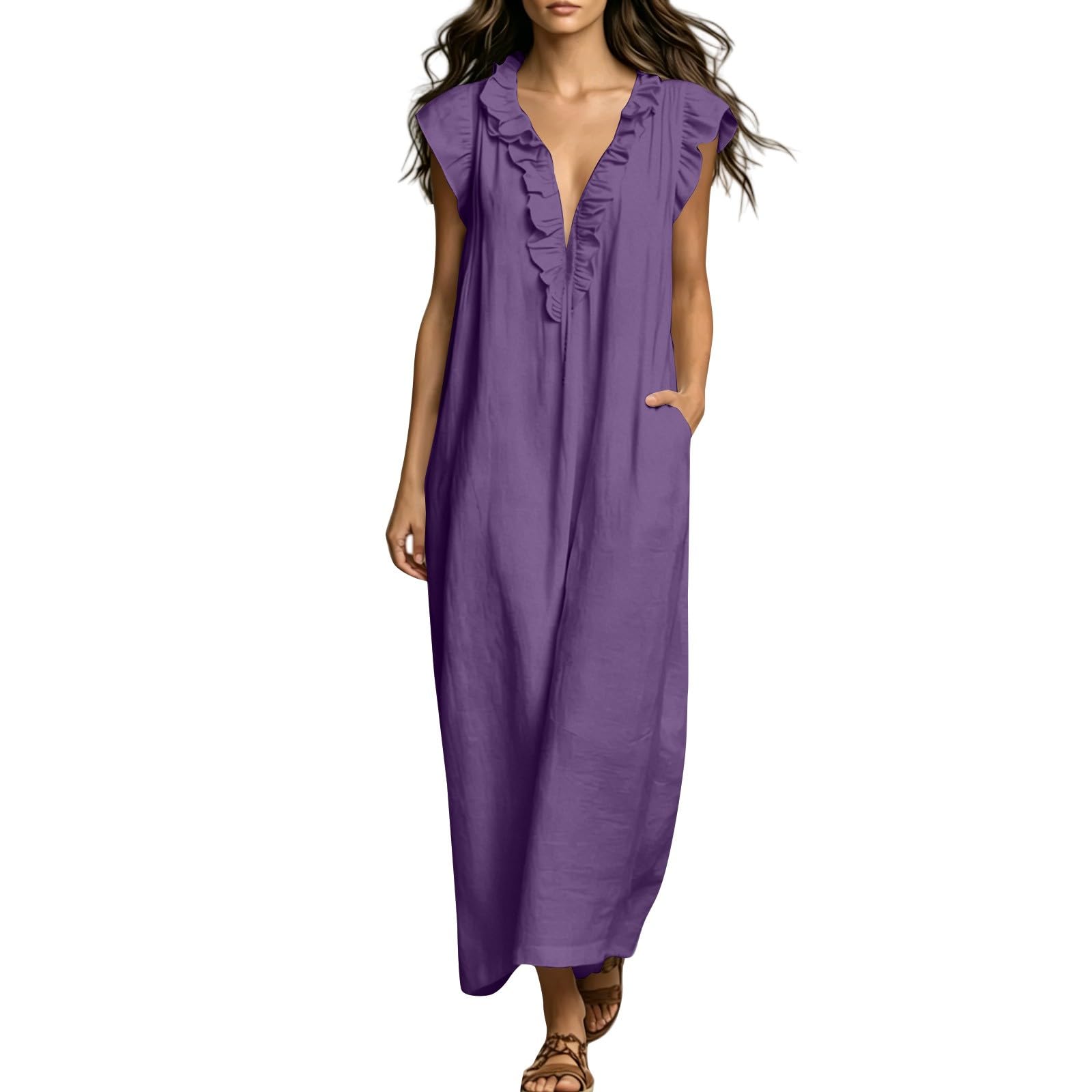 Robe sans manches – Robe longue d'été pour femme, col en V, couleur unie, plissée, épaules à volants, robe fraîche et respirante, robe décontractée, style bohème pour les vacances