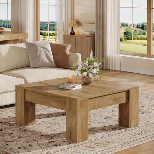 Tribesigns Square Coffee Table, 39-Inch Farmhouse Wooden Coffee Table with Sturdy Legs, Rustic Accent Center Table for Living Room, Easy Assembly, Light Brown