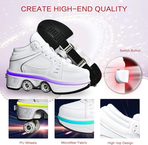 Image of Automatic Shoes Double-Row Deform Wheel Skate for Walking and Skating Invisible Deformation Roller Parkour Retractable Children's Shoes That Turn Into Rollerskates (36, LED White)