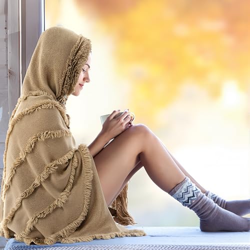 Ponchos for Women Hooded Poncho Sweater and Cape with Fringe Fuzzy Knitted Shawl for Spring Fall Winter4
