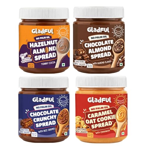 Image of Gladful No Palm Oil Spreads Combo | Hazelnut Almond, Caramel Oat Cookie, Chocolate Crunchy, Chocolate Almond | No Refined Sugar | Premium Dessert | Clean Ingredients | Chocolatey & Nutty Healthy Spreads (4 x 300g)