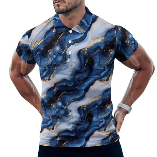 Polo de golf imprimé bleu et doré idéal pour le green et le club-house