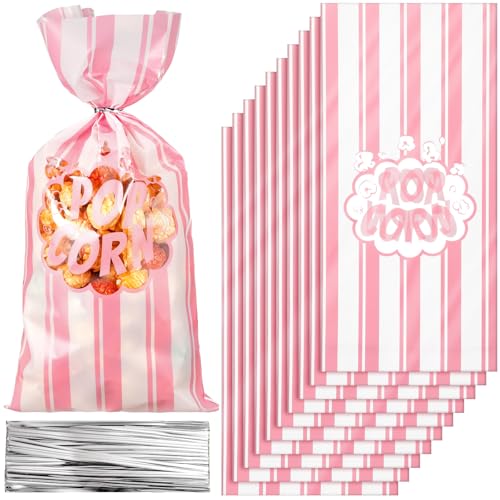 Image of 200 Pcs Popcorn Bags Bulk Movie Night Pop Corn Plastic Bags for Popcorn Machine Pop Corn Snack Containers with Twist Ties for Carnival Graduation Party Supplies (Cute,Pink)
