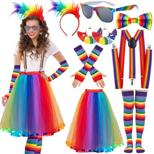 Regenbogen Kostüm Damen Karneval Tüllrock Bunt Lang Feder Haarreif Hosenträger Handschuhe Socken Ohrringe Regenbogen Rock Kleid Bunter Tüllrock...