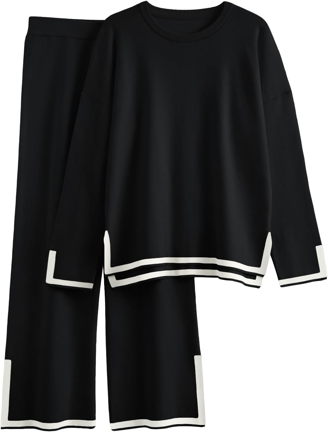 LILLUSORY 2 Piece Outfits for Women Tracksuits Matching Set Fall Sweater Pajamas Jogger Travel Top Wide Leg Pants Sweat Suits 2023 Loungewear Knit Pullover Lounge Sets, Black
