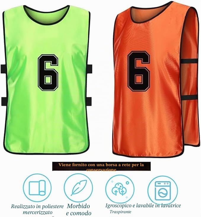 Pinnies da calcio, confezione da 24 canottiere da allenamento in 2 colori vivaci, maglie da allenamento numerate da 1 a 12, per adulti, calcio, basket, calcio e pallavolo, arancione e verde,