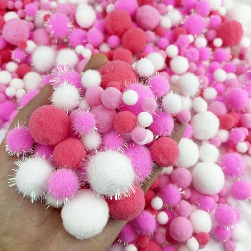 JKanruh 1000Pcs 0.4 to 1.2 inch Glitter Tinsel Pom Poms Bulk Pink White Series Tinsel Balls for Craft Decorations,Assorted Size Fuzzy Pompoms by JKanruh - Image 3