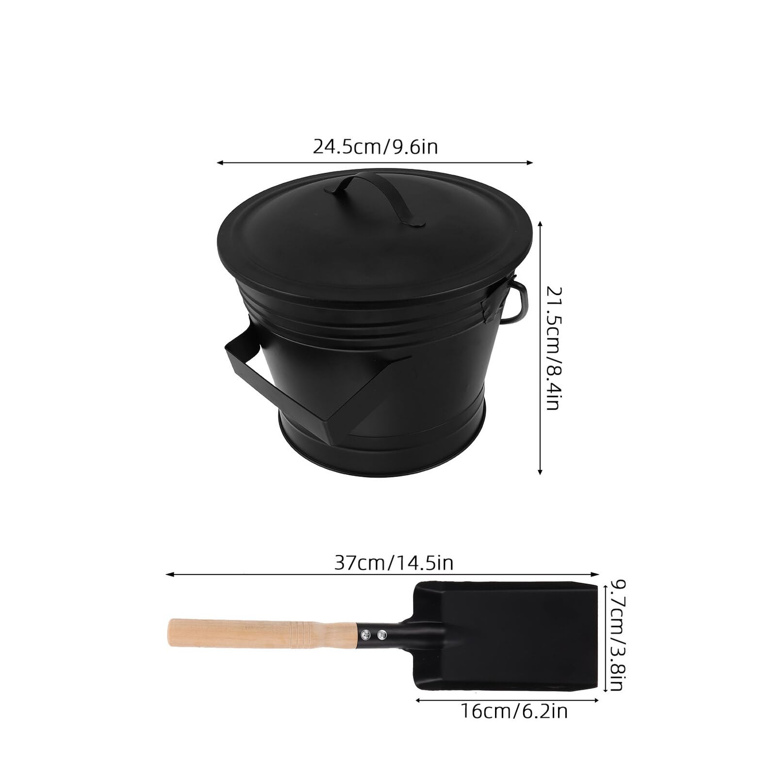 Secchio per Cenere con Coperchio in Ferro, Set 1 Nero | Manico in Legno Antiscivolo, Paletta per Cenere Inclusa, Resistente alla Ruggine