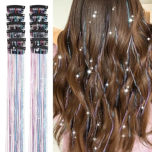 12 Pcs Hair Tinsel Kit - Multi Colour Hair Tinsel Clip In Extensions, 50cm Heat-Resistant Sparkly Hair Strands for Women and Girls, Perfect for Festivals, Christmas & New Year Parties