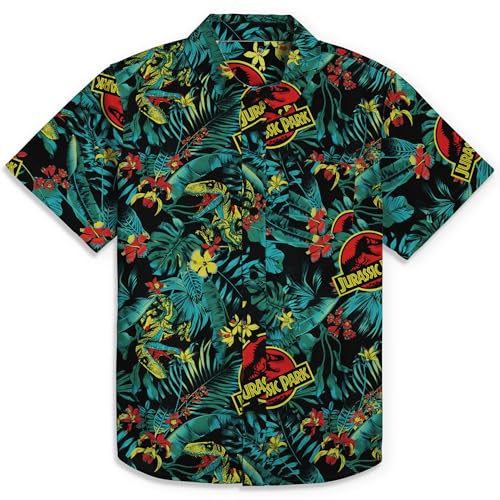 Jurassic Park Men's Classic Logo Hawaiian Print Button Down Shirt - Green - 2X Large