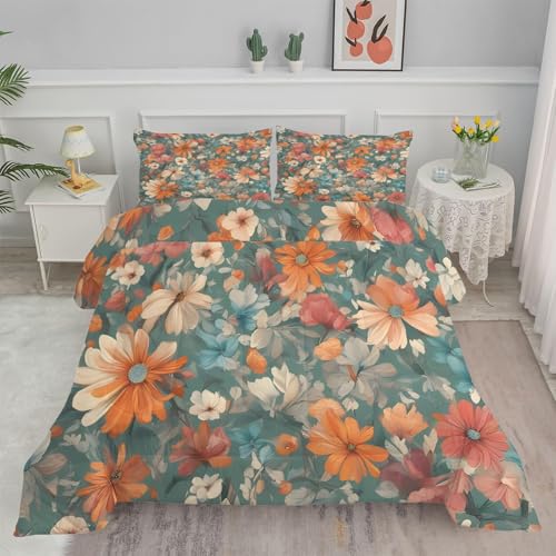 PNHCL Edredón de 140 x 200 cm, diseño de flores retro, color naranja, reversible, sin funda, lavable, suave para todo el año, con 2 fundas de almohada de 80 x 80 cm