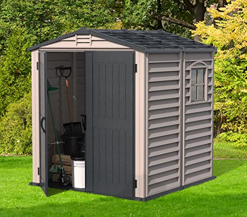 Duramax StoreMate PLUS 6 x 6 Plastic Garden Shed with Heavy Duty Plastic Floor, Fixed Window, Strong Metal Roof Structure and Maintenance Free Storage Shed, Dark Grey and Adobe - Image 2
