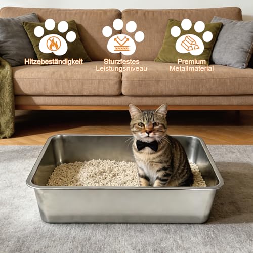 Edelstahl Katzenklo Offen, 60x40x15cm – Geruchsneutral, Antihaftbeschichtet & Extrem Leicht zu Reinigen, Für Große Katzen, Mehrkatzenhaushalte und Kleintiere