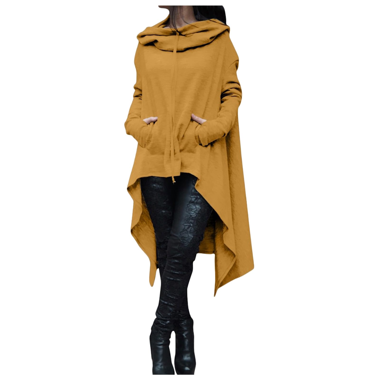 Canbebig Asymmetrical Tops for Women Casual Cowl Neck Long Sleeve Sweatshirts Loose Pullover Oversized Hoodies with Pockets Yellow