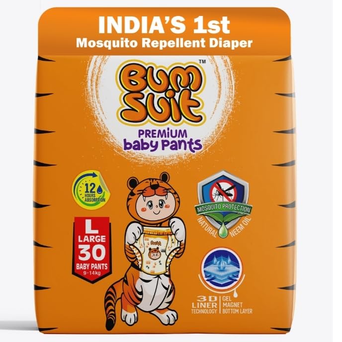 Bumsuit Baby Pants Diapers Large (9–14 kg), 30 Count | Mosquito Protection, 12 Hr Absorption, Soft Breathable Fabric, Stretchable Waistband & Rash-Free Comfort