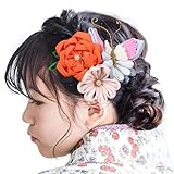 [OTAKUMARKET] 七五三 髪飾り 753 卒業式 成人式 浴衣 髪 飾り 花 袴 着物 振袖 和装 卒業式 鈴付き つまみ細工 女の子 子供 ヘアアクセサリー クリップ 4タイプ (C オレンジ×ピンク×ブルー)