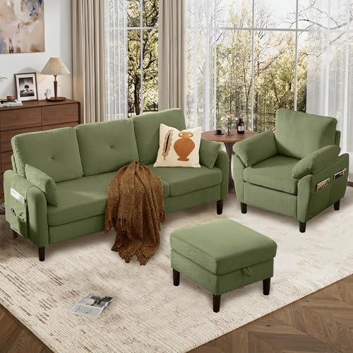 Image of 3 Pieces Sofa Set for Living Room with Sofa, Storage Ottoman and Single Chair