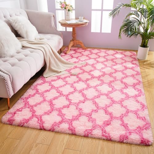5x8 Feet Soft Plush Shaggy Rug for Bedroom,Pink Modern Geometric Area Rugs for Living Room, Apartment, Girls Room Fluffy Indoor Floor Carpet for Dorm Cozy Home Decor
