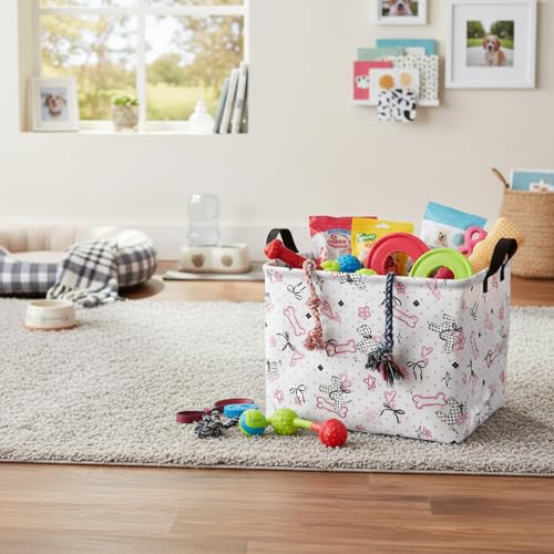 Image of Kid Dog Toy Basket, Pink Bone Black Bow | Rectangular, Collapsible Storage Bin, Baby Room Decor, Nursery Gift Basket