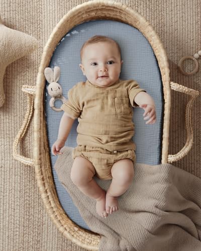 Image of Blissful Diary Muslin Bassinet Sheets, 2 Pack, Light Blue & Grey | fitted for bassinet mattress, soft and breathable cotton, boho style, easy care for machine wash, gift for boy and girl