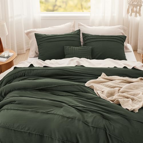 Image of Bedsure Olive Green Oversized King Size Comforter Set - 4 Pieces Pinch Pleat Bed Set, Down Alternative Bedding Sets for All Season, 1 Comforter, 2 Pillowcases, 1 Decorative Pillow