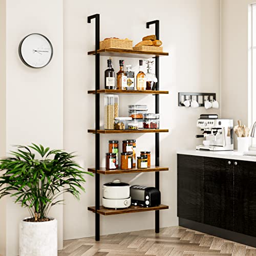 Numenn 5 Tier Book Shelf, Industrial Ladder Shelf, Open Space Wall Mount Bookshelf With Metal Frame, Sturdy Book Shelves, Bookcase For Living Room, Home Office Shelf, Vintage Brown #TOP5