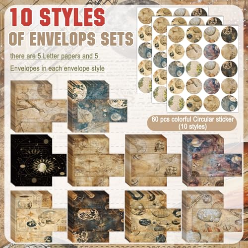 Image of TaoBary 160 Pcs Stationery Paper Set 50 Double Sided Stationery Papers with 50 Matching Envelopes and 60 Round Dot Sticker, 10 Design(Space Moon Celestial,8.5 x 11 Inch)