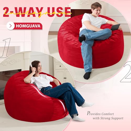 Homguava 3FT Bean Bag Chair: 3' Bean Bags with Memory Foam Filled, Large Beanbag Chairs Soft Sofa with Dutch Velet Cover-Red