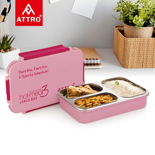 Image of ATTRO Hot-Meal 3 Insulated Lunch Box with 3 Compartment, Inner Stainless Steel & Locking Lid BPA-Free Food Grade Ideal for School, Office - 900ml Peach