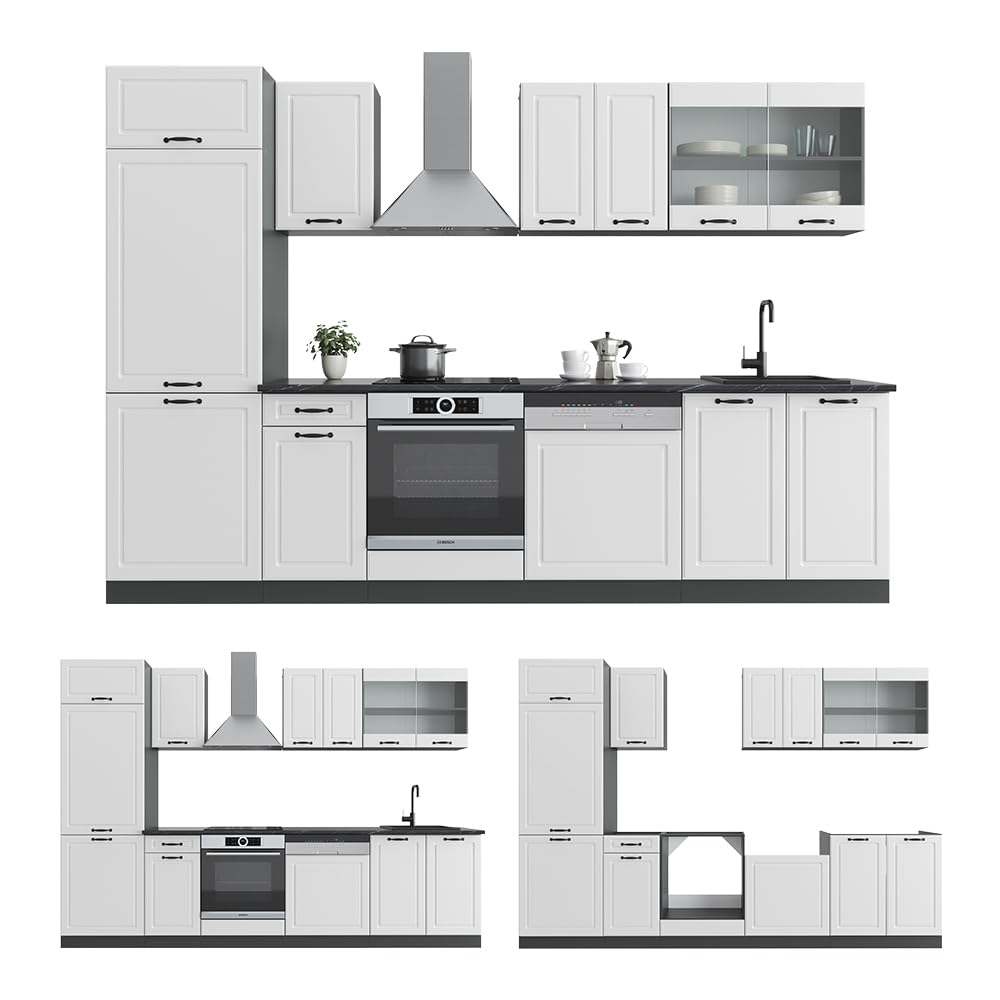 Vicco Küchenzeile R-Line, Weiß Landhaus/Anthrazit, 300 cm | AP Anthrazit, geeignet zur individuellen Erweiterung durch Zusatzmodule