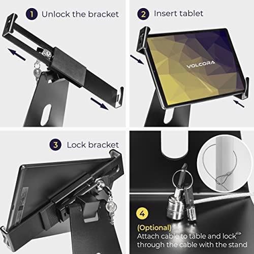 Image of Volcora Anti-Theft Tablet Stand iPad Kiosk Stand with Lock, Black 10-13'' iPad Stand for Desk, Swivel, Adjustable iPad Holder For Desk, iPad Mount For Desk For POS Register, Retail Business, Cashier