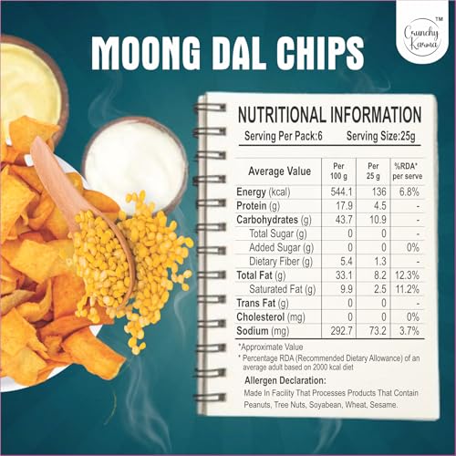Image of CRUNCHY KARMA Moong Dal Chips Peri Peri Flavor | High Protein Healthy Snacks | Baked Gluten Free Chips | High Fiber & Low Cholesterol Snack | Crispy Indian Spicy Chips for Kids & Adults | 150g
