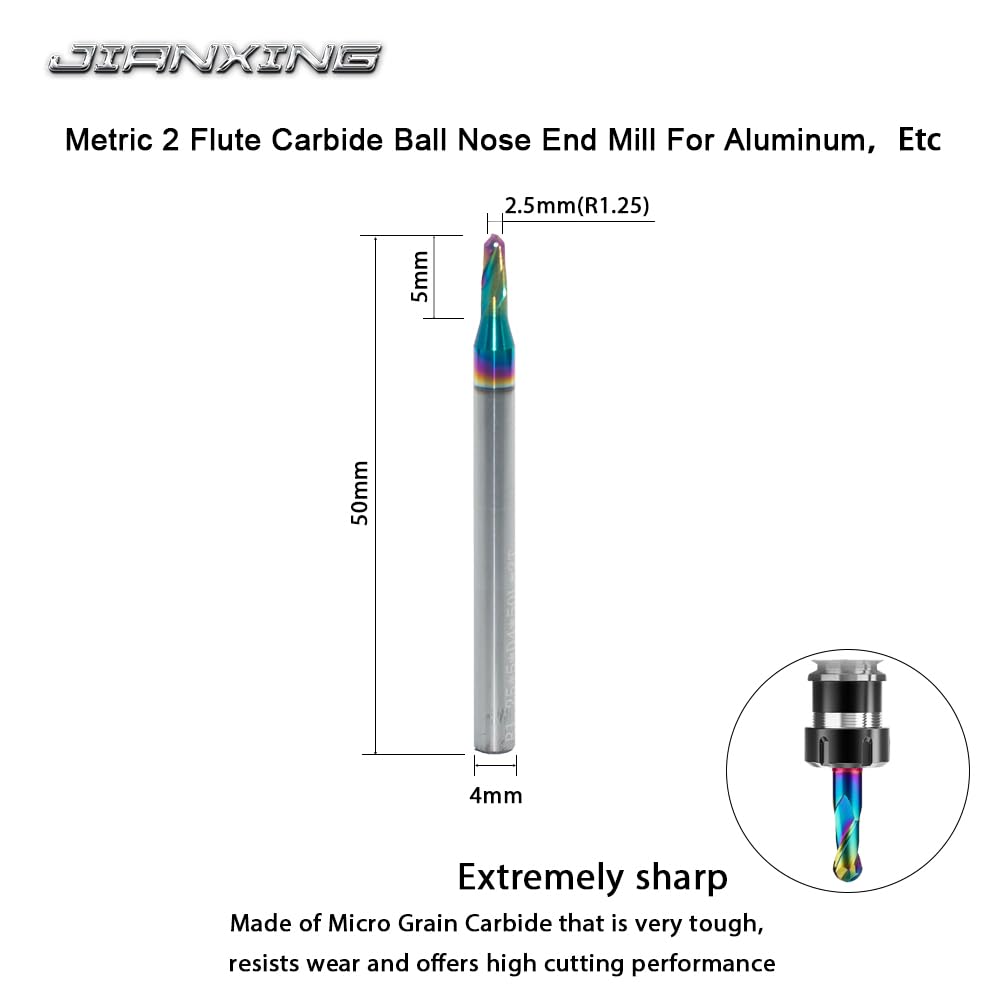 2.5mm R1.25 DLC Coated 2-Flute Carbide Ball Nose End Mill, Ideal for Aluminum, Copper Alloys, and Plastic Machining – High Precision & Wear-Resistant Cutting Tool (3 Pack)