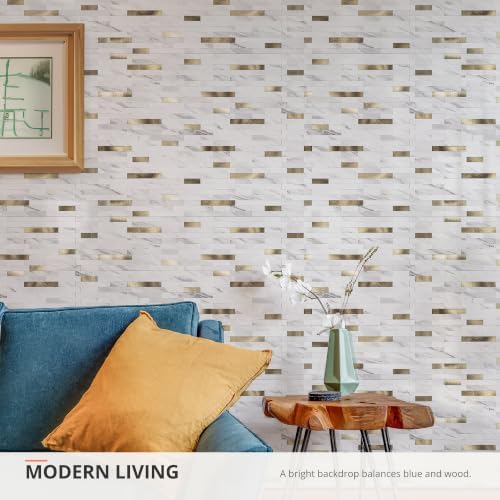 StyloVue 20 Sheets Peel and Stick Backsplash for Kitchen, Sparkle White Marble Look with Gold Metal, Glossy Finish, Stick on Tile for Kitchen Backsplash, RV, Fireplace — view 8
