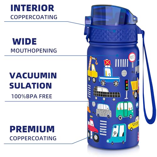 GOPPUS 420ml/14oz Kids Insulated Water Bottle with Straw Cute Double Wall Stainless Steel Child's Small Flask Vacuum Insulated Steel Metal Leak Proof Drink Flask Boys Toddler Girls Bottles BPA-Free - Image 4