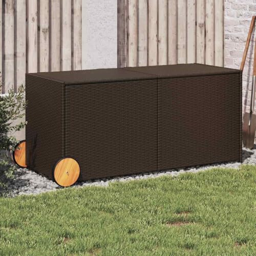 Drillkyn Baúl de jardín marrón con ruedas de ratán de 283 L, gran caja de jardín para terraza y balcón, caja de almacenamiento impermeable al aire libre con tapa, almacenamiento de jardín estable para
