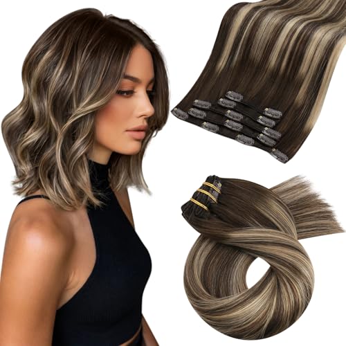 Image of Moresoo Clip in Hair Extensions Brown Blonde Balayage Short 12 inch 80g | Real human hair clip ins, caramel brunette balayage, 5pcs, reusable clip-in wear for soft short color dimension
