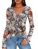 ZESICA Women's Long Sleeve Floral Shirts V Neck Going Out Ruffle Tops Blouses 2025 Fall Fashion Clothes Outfits,Black,X-Large