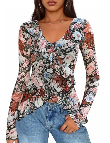 ZESICA Women's Long Sleeve Floral Shirts V Neck Going...