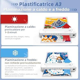 Plastificatrice A3,30 buste di plastificazione,Adatto per A3/A4/A5/A6,A3 Plastificatrici con taglierina di carta e angolo rotondo,Set Plastificatrice a caldo e freddo per ufficio,casa,scuola