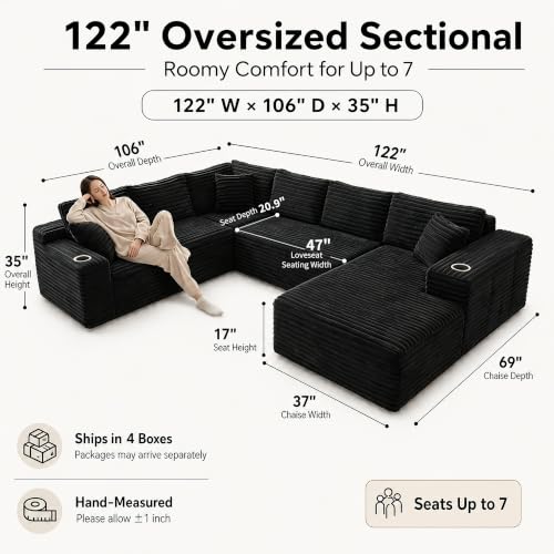 Image of 122 inch Oversized Cloud Sectional Couch for Living Room, 7 Seater U Shaped Sofa Modular Boneless Couch with Chaise | Deep Seater | Cup Holder | Side Pocket | No Assembly | Plus Corduroy, Black