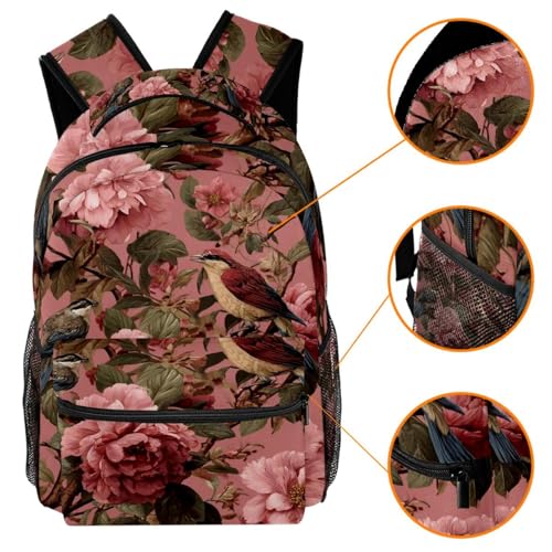 Vintage Pink Floral and Bird Pattern Backpack Cute Bookbag Durable Daypack for Girl Boy3