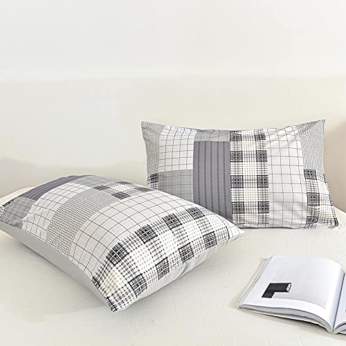 Nanko Queen Duvet Cover Set Boho Grid 90x90 Soft Patchwork Bedding Cover Grey Cream Grid Bohemian Paisley Retro Plaid Striped 3pc Set with Zip - Farmhouse Style Bed Quilt Cover for Women Men - Thumbnail 7